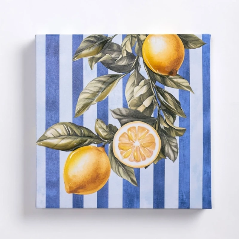 Lemons on Blue Stripes Canvas Art Print