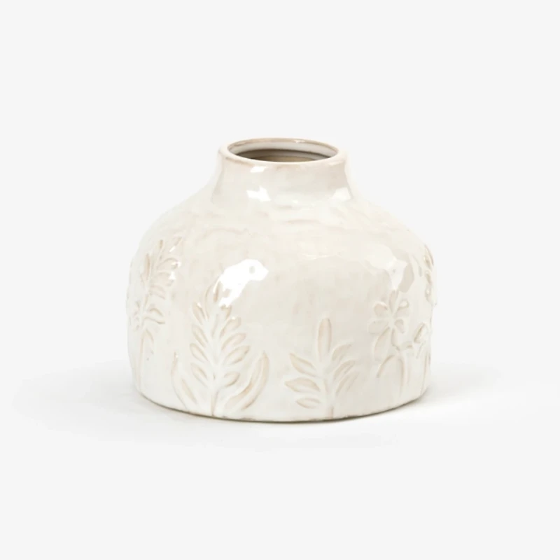 Ivory Embossed Floral Ceramic Vase, 5 in.