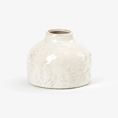 Ivory Embossed Floral Ceramic Vase, 5 in.
