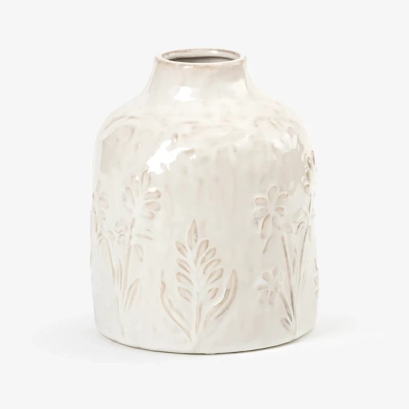 Ivory Embossed Floral Ceramic Vase, 7 in.