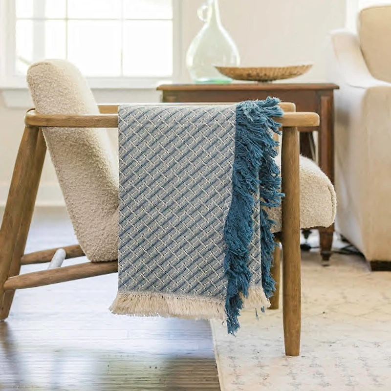 Blue Cross-Stitch Woven Throw