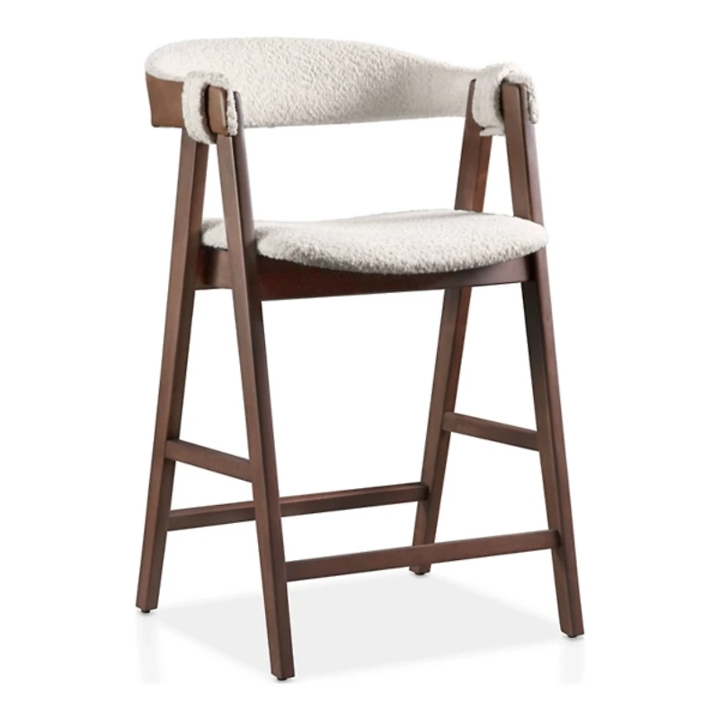 White Boucle Wood Penny Counter Stools, Set of 2