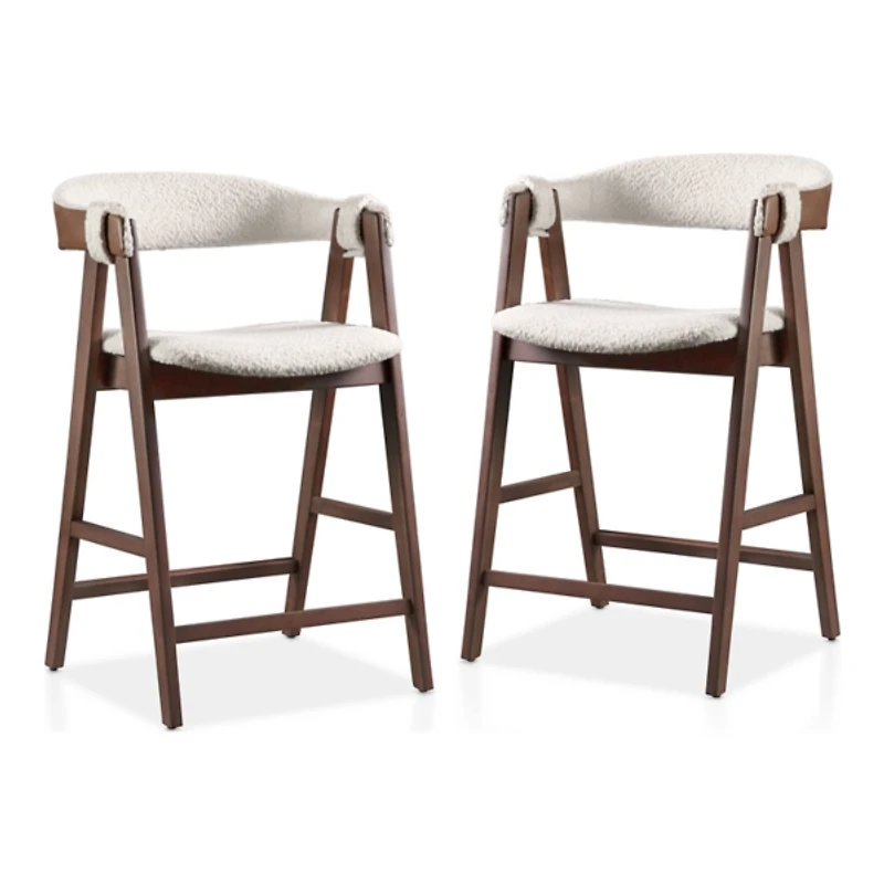 White Boucle Wood Penny Counter Stools, Set of 2