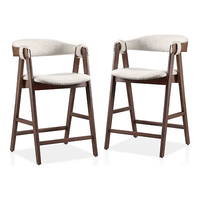 White Boucle Wood Penny Counter Stools, Set of 2