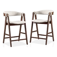 White Boucle Wood Penny Counter Stools, Set of 2