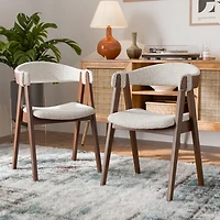 White Boucle Wood Penny Dining Chairs, Set of 2