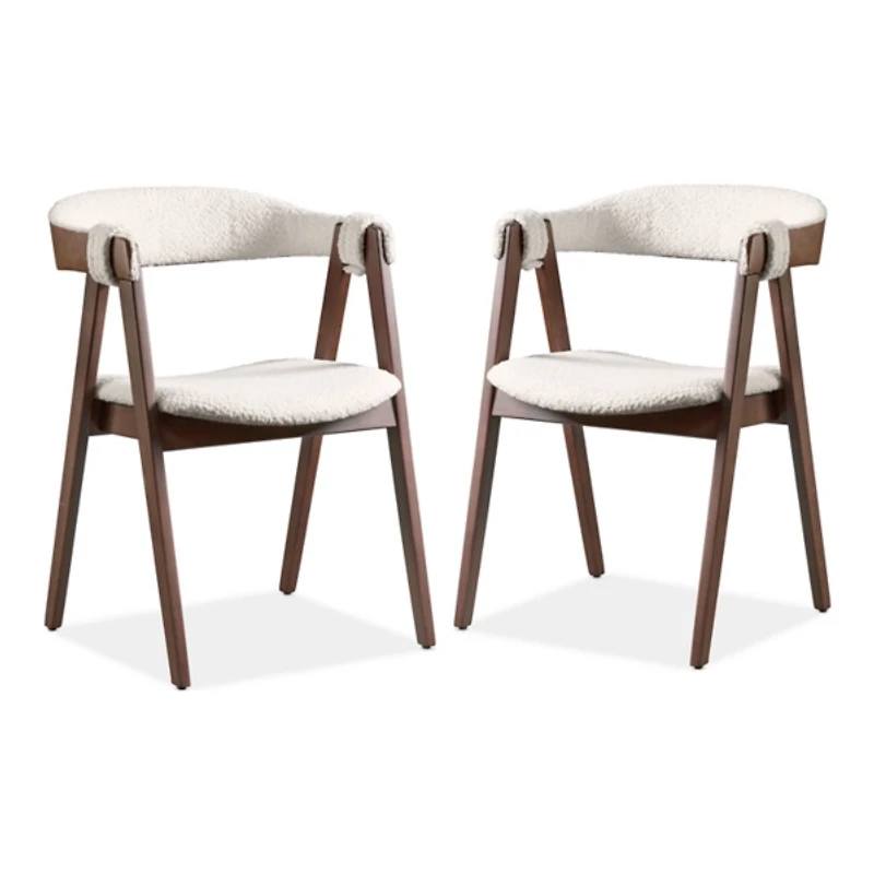 White Boucle Wood Penny Dining Chairs, Set of 2