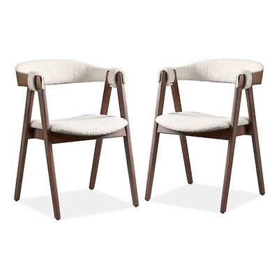 White Boucle Wood Penny Dining Chairs, Set of 2