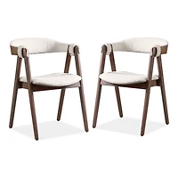 White Boucle Wood Penny Dining Chairs, Set of 2