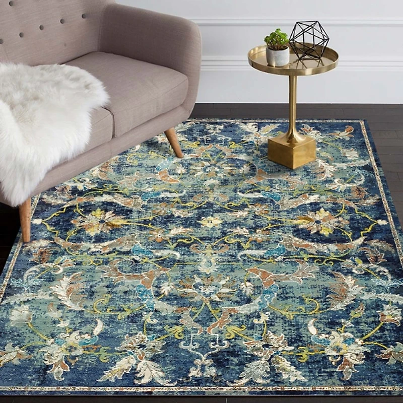 Navy Faded Floral Area Rug, 4x6