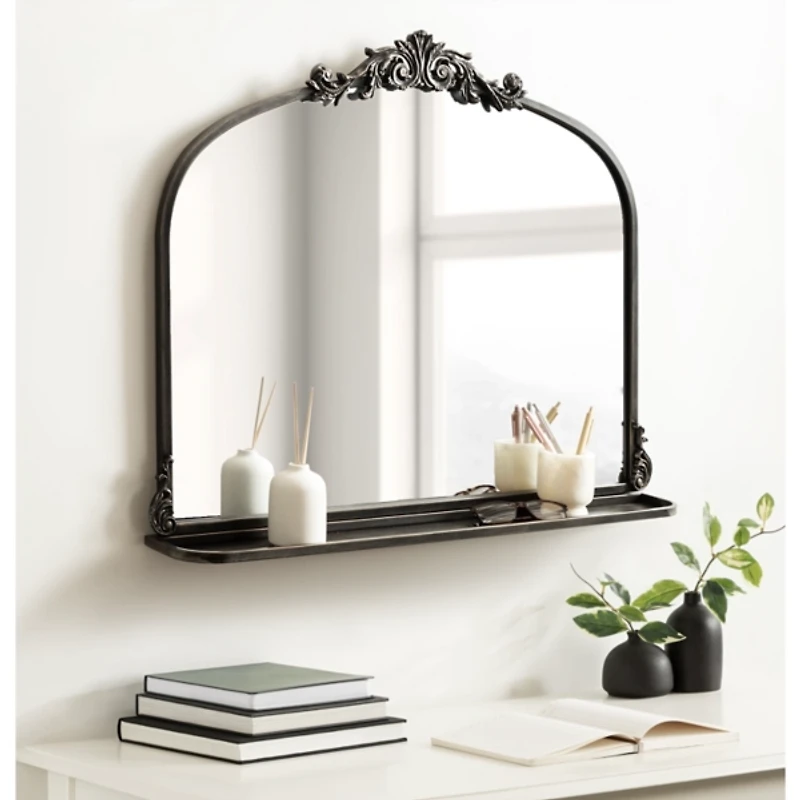 Black Arched Wall Mirror with Shelf