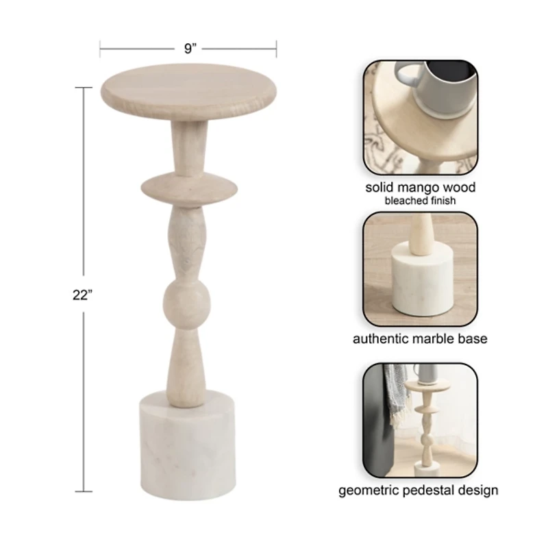 White Marble and Mango Wood Round Accent Table