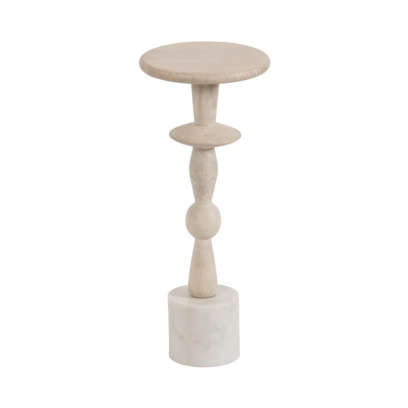 White Marble and Mango Wood Round Accent Table