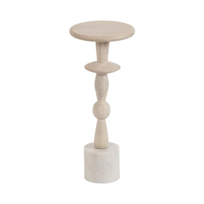 White Marble and Mango Wood Round Accent Table