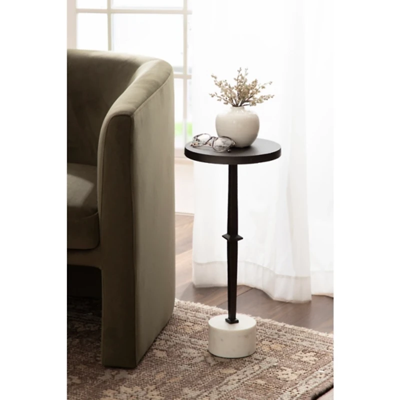 White Marble and Black Metal Round Accent Table