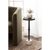 White Marble and Black Metal Round Accent Table