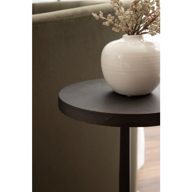 White Marble and Black Metal Round Accent Table