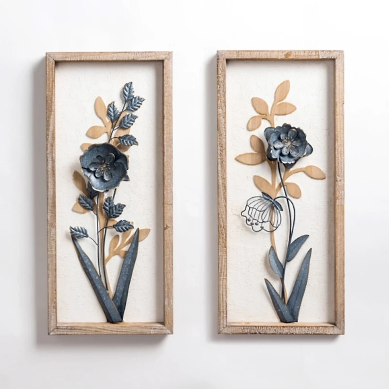 Blue Metal Flower Framed Wall Plaques, Set of 2