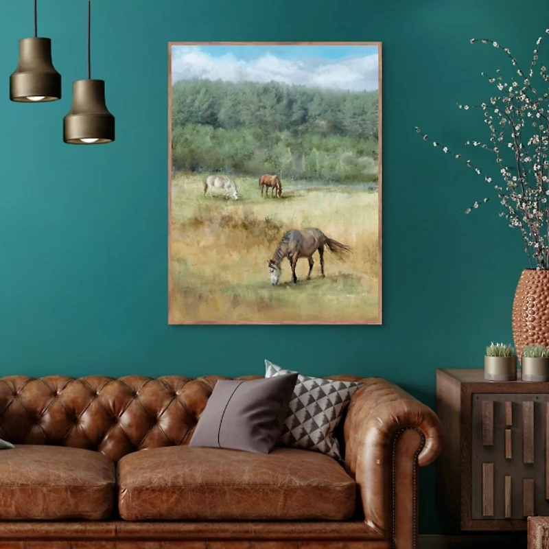 Three Grazing Horses Framed Canvas Art Print