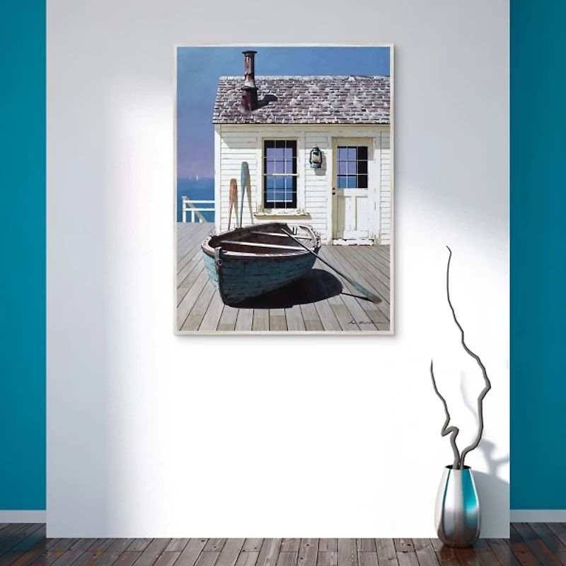 Blue Boat on Deck Framed Canvas Art Print