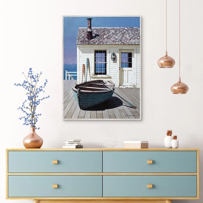 Blue Boat on Deck Framed Canvas Art Print