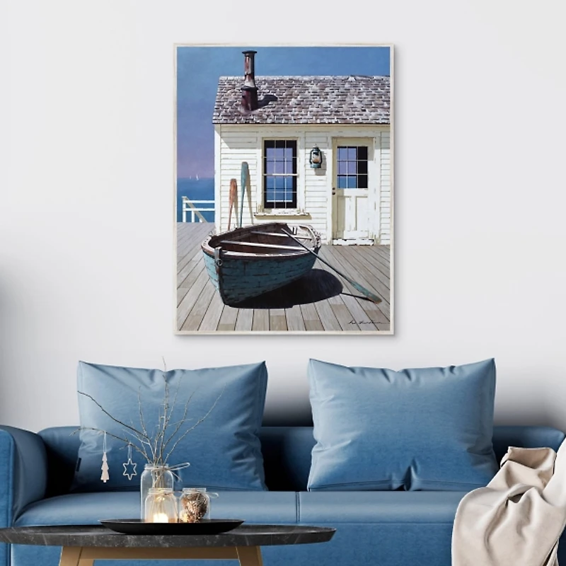 Blue Boat on Deck Framed Canvas Art Print