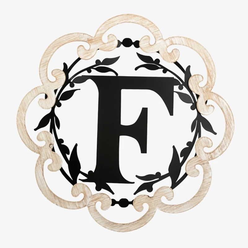 Scalloped Wood & Metal Monogram F Wall Plaque