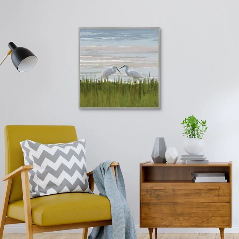 Egret Meeting Framed Canvas Art Print