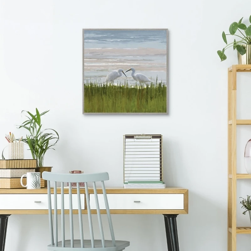 Egret Meeting Framed Canvas Art Print