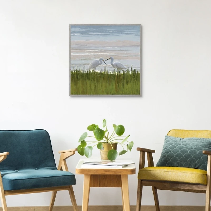 Egret Meeting Framed Canvas Art Print