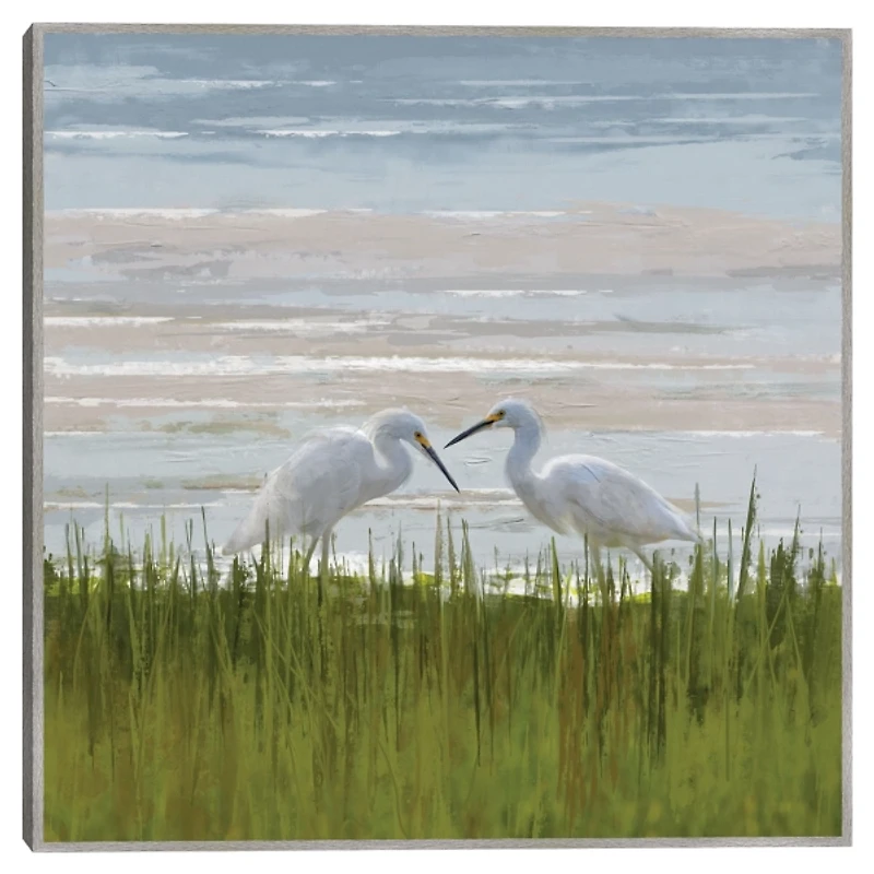 Egret Meeting Framed Canvas Art Print