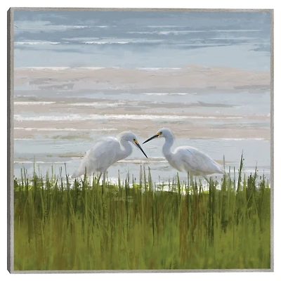 Egret Meeting Framed Canvas Art Print