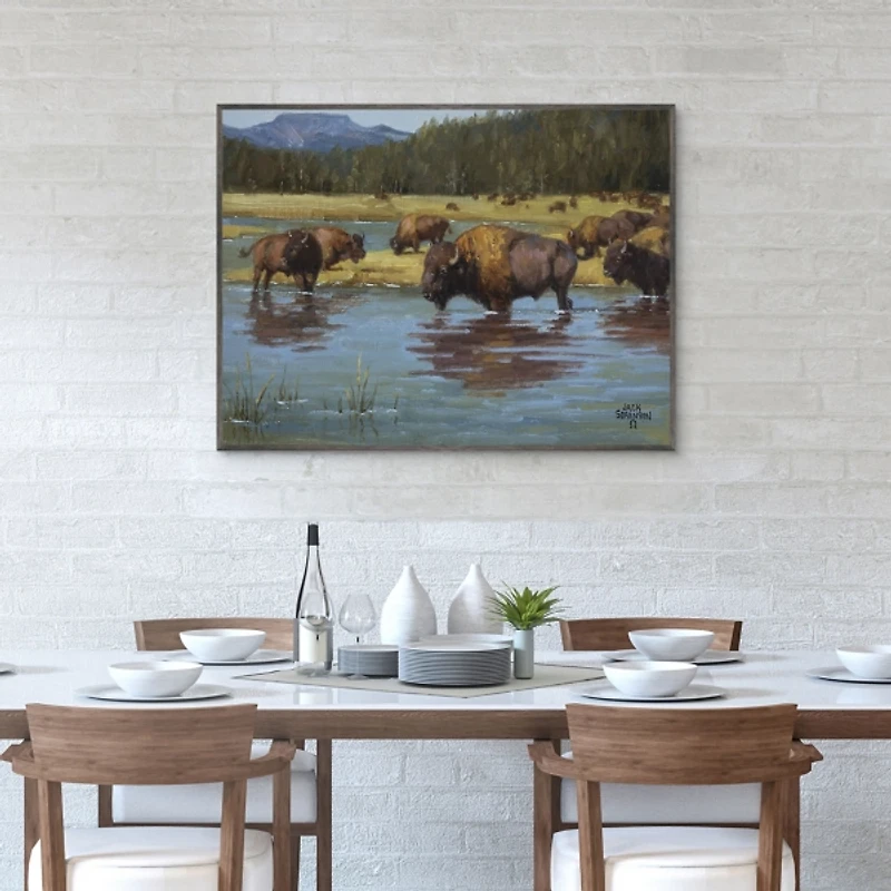 Buffalo Crossing Framed Canvas Art Print