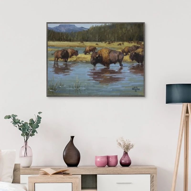 Buffalo Crossing Framed Canvas Art Print