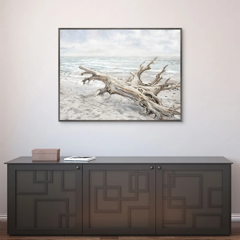 Driftwood On The Beach Framed Canvas Art Print