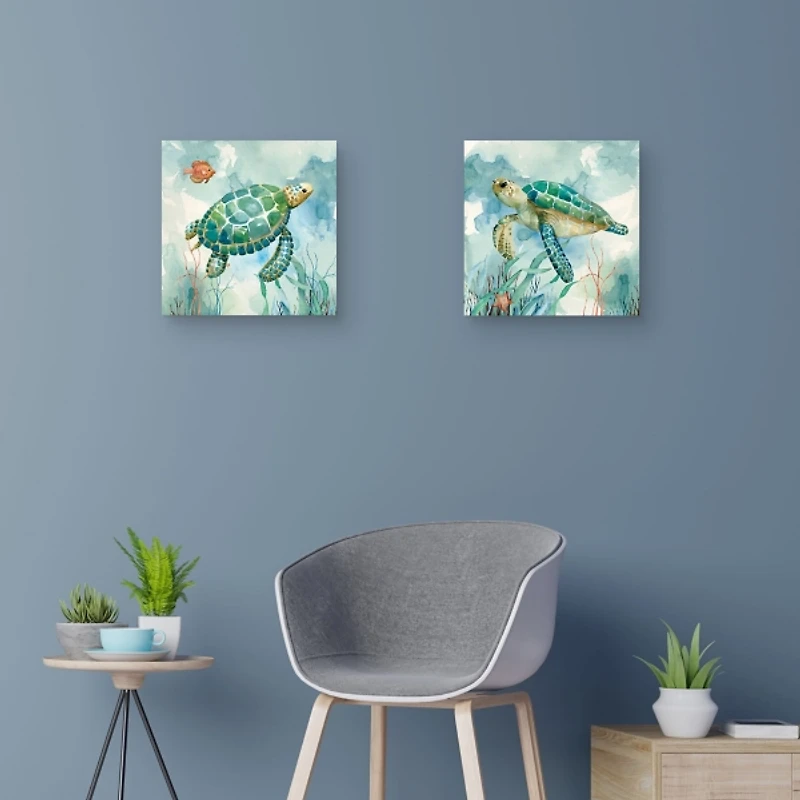 Coral Bay Sea Turtle Canvas Art Prints, Set of 2