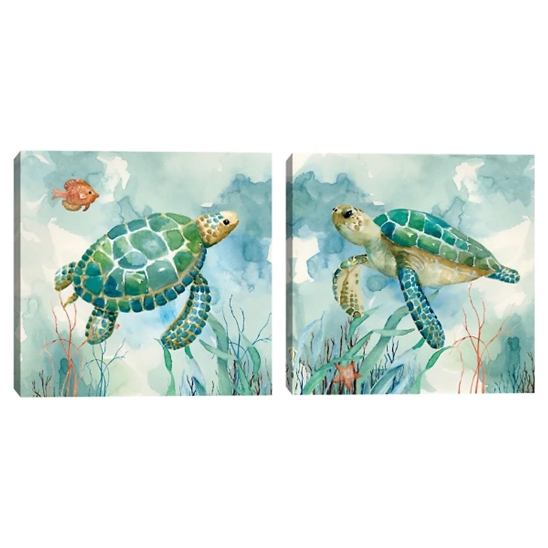 Coral Bay Sea Turtle Canvas Art Prints, Set of 2