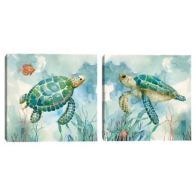 Coral Bay Sea Turtle Canvas Art Prints, Set of 2