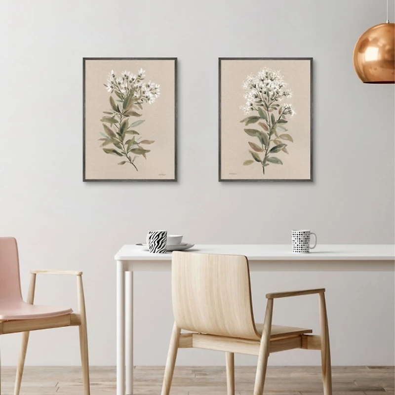 White Floral Stems Framed Canvas Prints, Set of 2