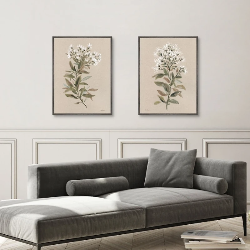 White Floral Stems Framed Canvas Prints, Set of 2
