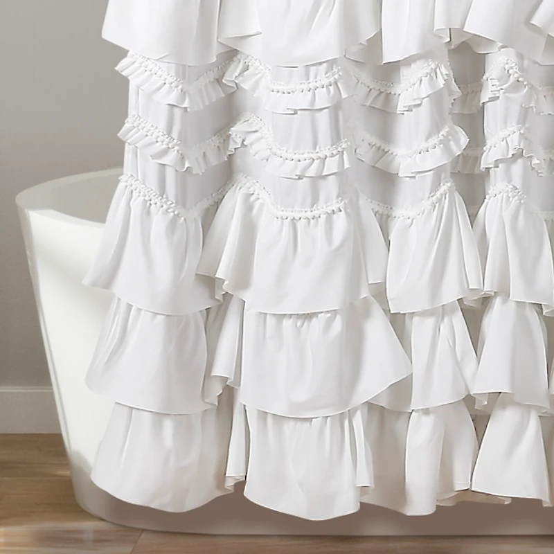 White Ruffle and Pom Pom Trim Shower Curtain