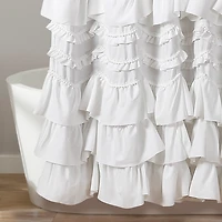 White Ruffle and Pom Pom Trim Shower Curtain