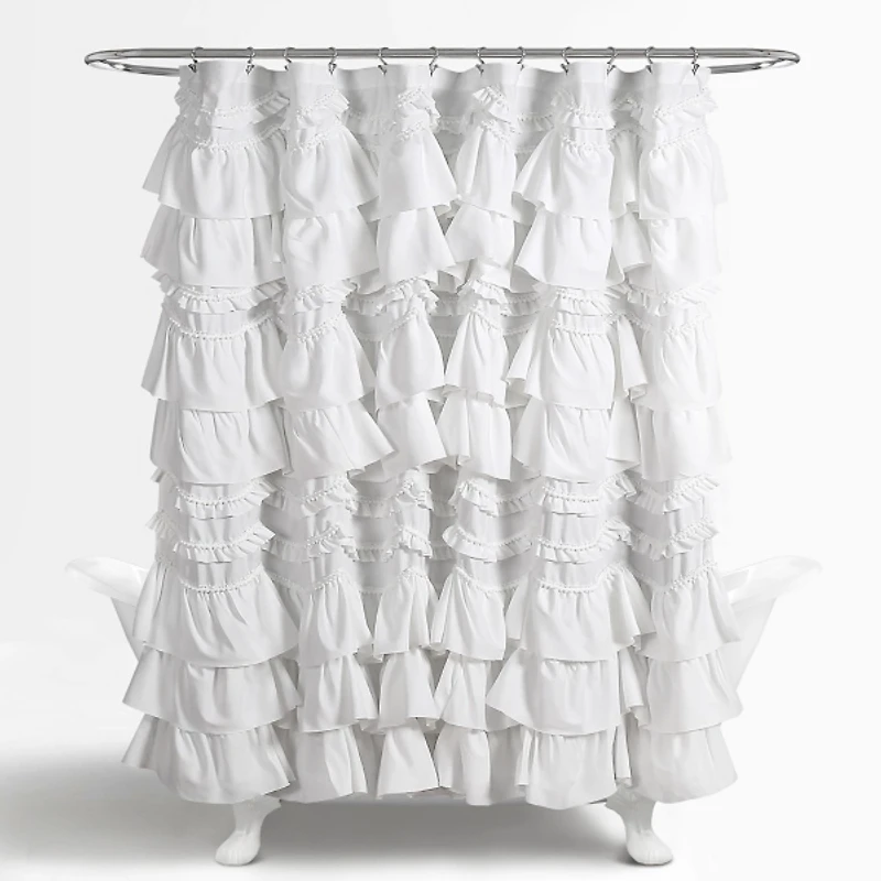 White Ruffle and Pom Pom Trim Shower Curtain