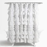 White Ruffle and Pom Pom Trim Shower Curtain