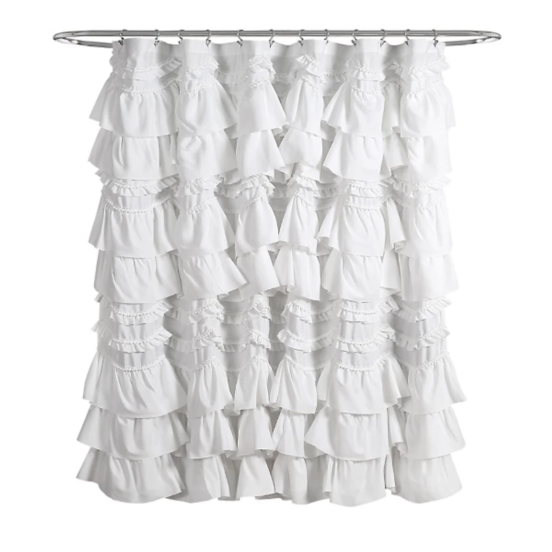 White Ruffle and Pom Pom Trim Shower Curtain