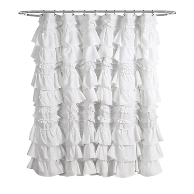 White Ruffle and Pom Pom Trim Shower Curtain