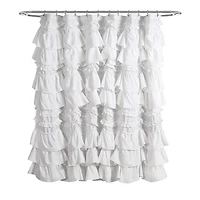 White Ruffle and Pom Pom Trim Shower Curtain