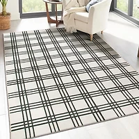 Black and Cream Plaid Washable Area Rug, 5x7