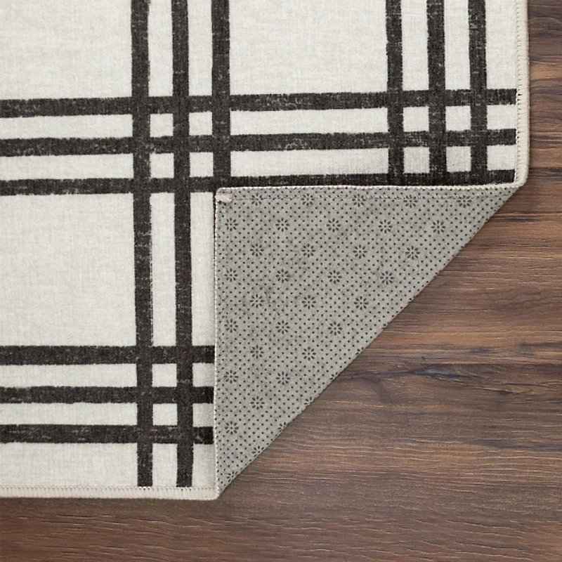 Black and Cream Plaid Washable Area Rug, 5x7