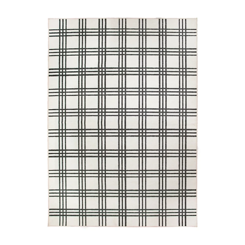 Black and Cream Plaid Washable Area Rug, 5x7